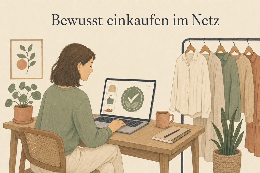 Illustration einer Frau, die beim Online-Shopping am Laptop ein Prüfsiegel kontrolliert Den Block unterhalb dieses Kommentars komplett in den WordPress-Editor (Code-Ansicht) einfügen.