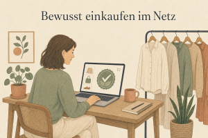 Illustration einer Frau, die beim Online-Shopping am Laptop ein Prüfsiegel kontrolliert Den Block unterhalb dieses Kommentars komplett in den WordPress-Editor (Code-Ansicht) einfügen.